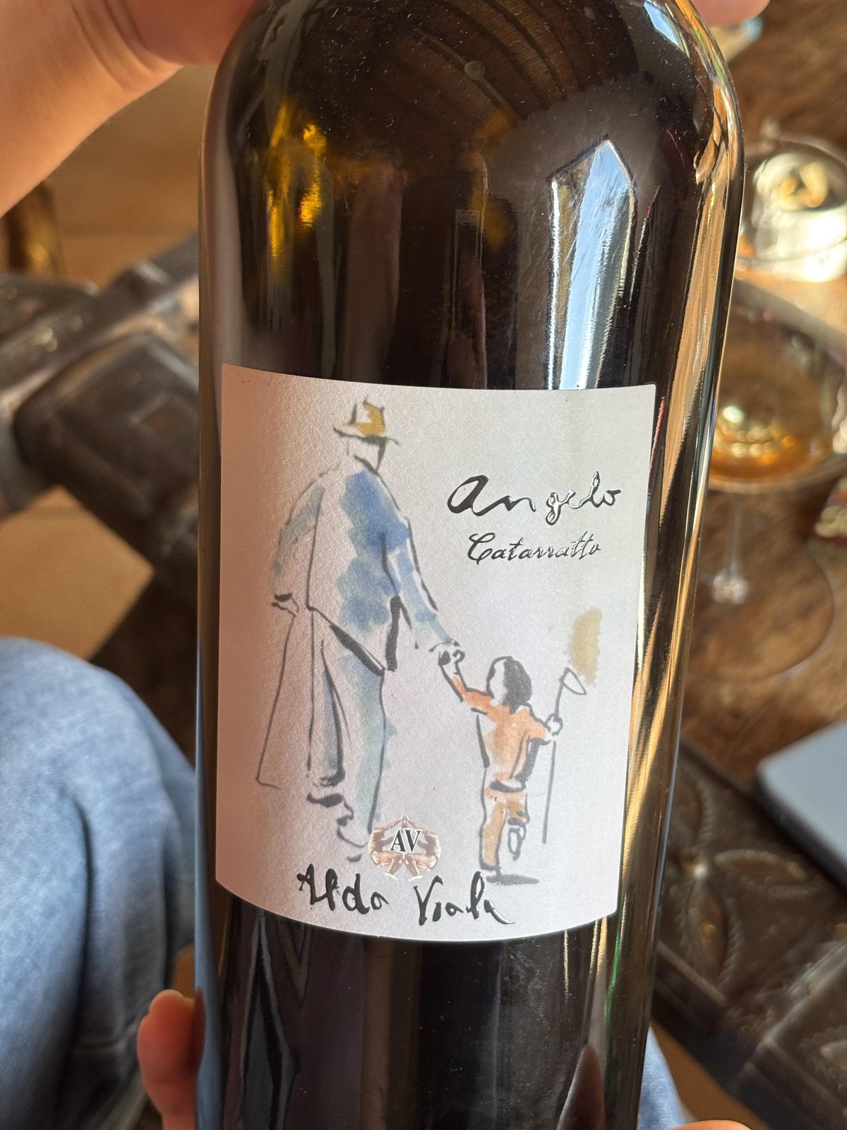 Bottle of natural wine Angelo from the Aldo Viola estate.