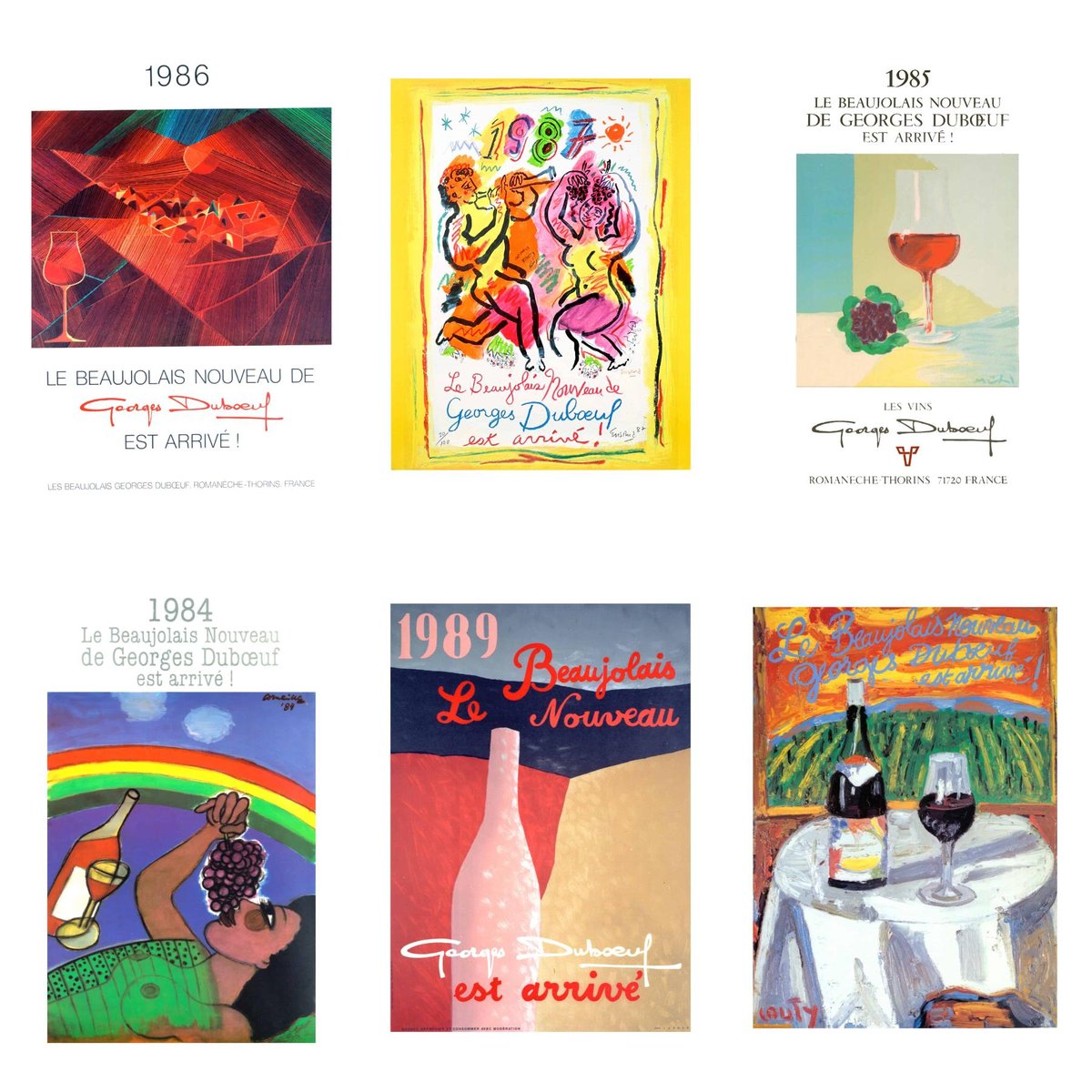 Quelques affiches de la maison Georges Duboeuf pour chaque Nouveau Beaujolais Nouveau.