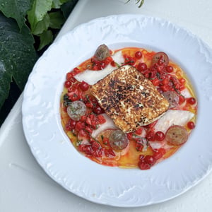 Grilled Halloumi With A Tomato, Melon, Gooseberry And Redcurrant Salad, Strawberry Sauce Vierge And Mint - Winnowiercy Natural Wine Bistronomie - 1367669