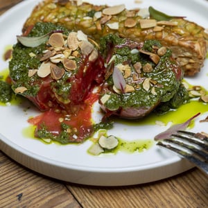Almond Tempeh, Baked Mandó Tomato, Chimichurri Sauce - Rasoterra - 671405