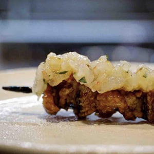 Grilled Chicken Skin Brochette With Prawn Tartar - Suru Bar - 609053