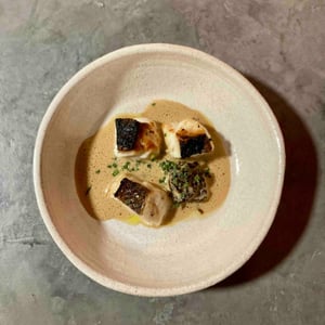 Grilled Fish With Grilled Onion Cream And Fish Bones Foam - Suru Bar - 607394