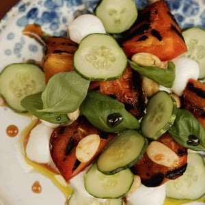 Grilled peaches | pickles | basil | chilli oil |almonds | pomogranade aceto - Wine Bar Sorsi