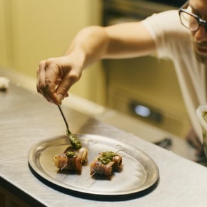 Skewered Pancetta With Creamy Goat Cheese, Sweet Prunes And Fresh Herb Salsa Verde - ABC Zattere - 958373