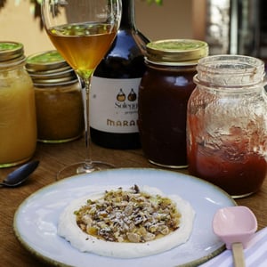 Murrina: Fresh Buffalo Ricotta Cheese, Home Made Jam, Bronte Pistachios, Noto Almonds, Dark Chocolate, Candied Fruit, Coffee. - Pietra Rossa - 946088