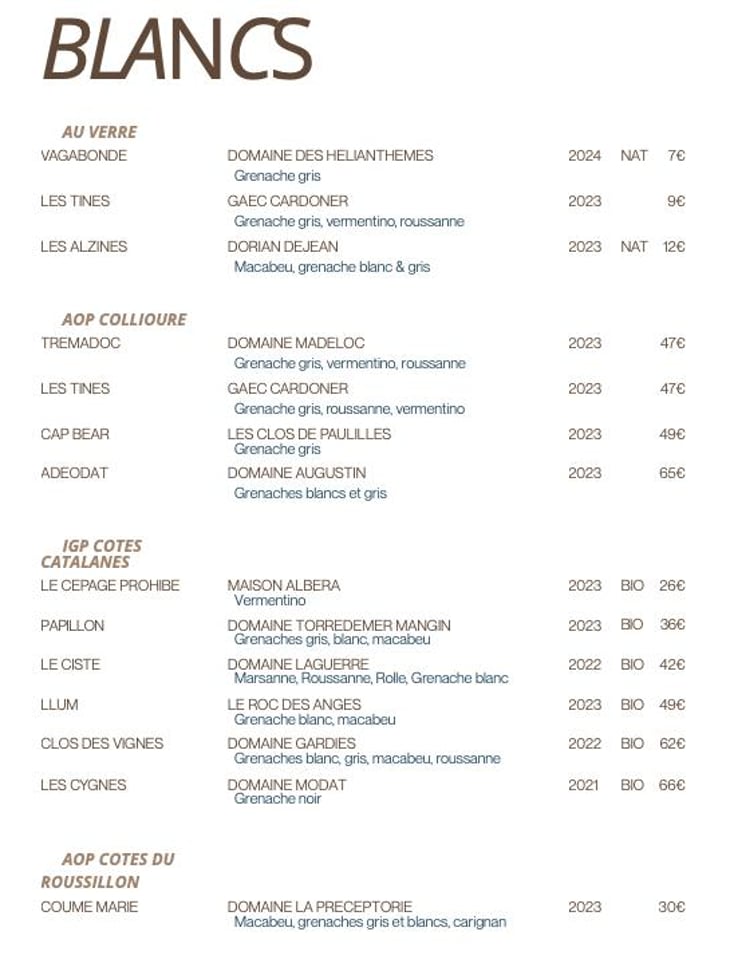 carte de vin blanc - voir sur la carte - voir sur la carte 