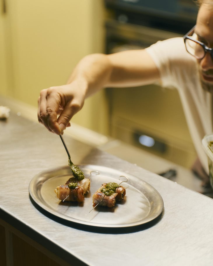 Skewered Pancetta With Creamy Goat Cheese, Sweet Prunes And Fresh Herb Salsa Verde - ABC Zattere - 958373