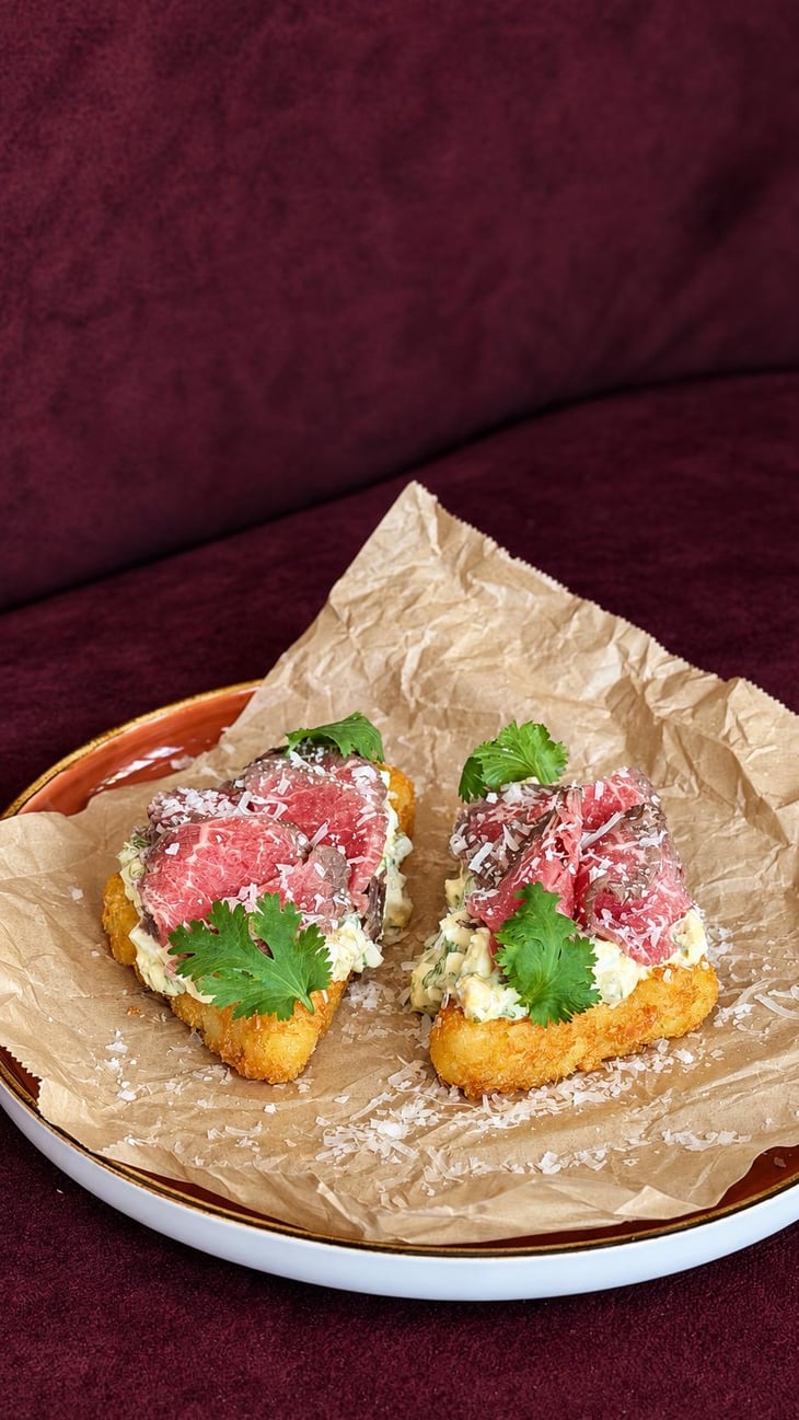 Hash Brown With Roast Beef And Gribiche Sauce - Grapes Wine Bar - 1399482