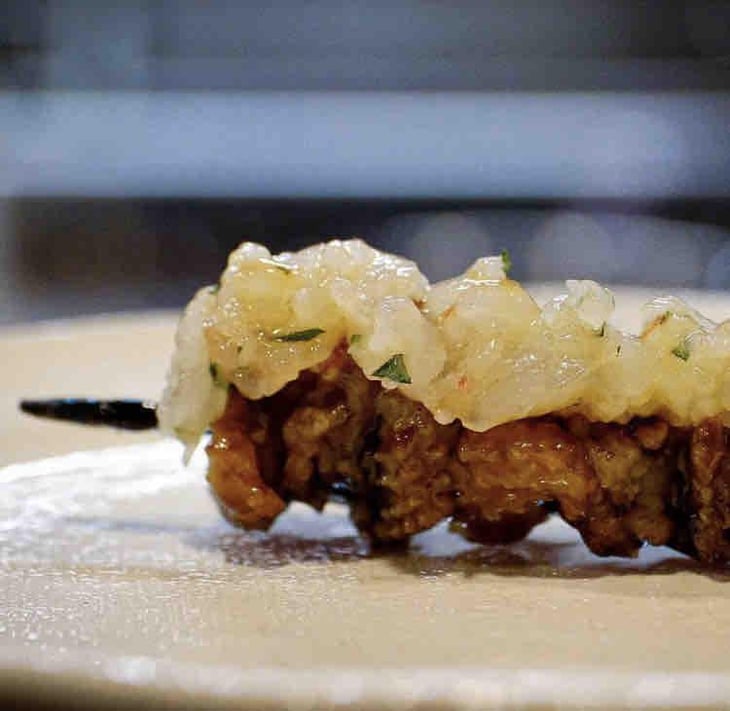 Grilled Chicken Skin Brochette With Prawn Tartar - Suru Bar - 609053