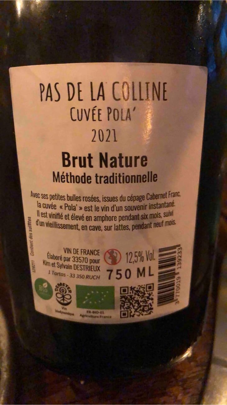 Pétillant naturel cuvée Pola - Pas de la Colline - Kim et Sylvain DESTRIEUX 