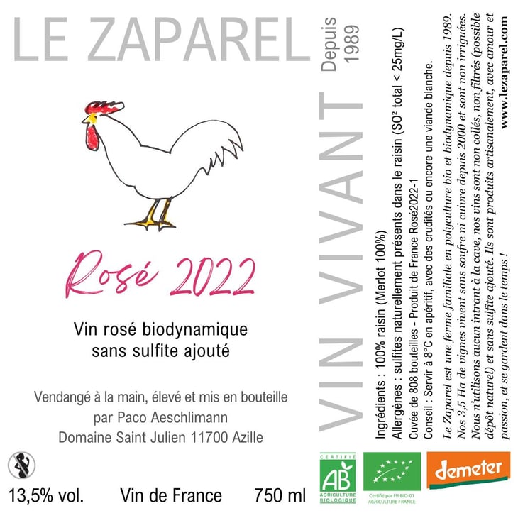 Rosé 2022 750ml - Domaine Saint Julien - Le Zaparel - stephanie-minder-paco-aeschlimann 